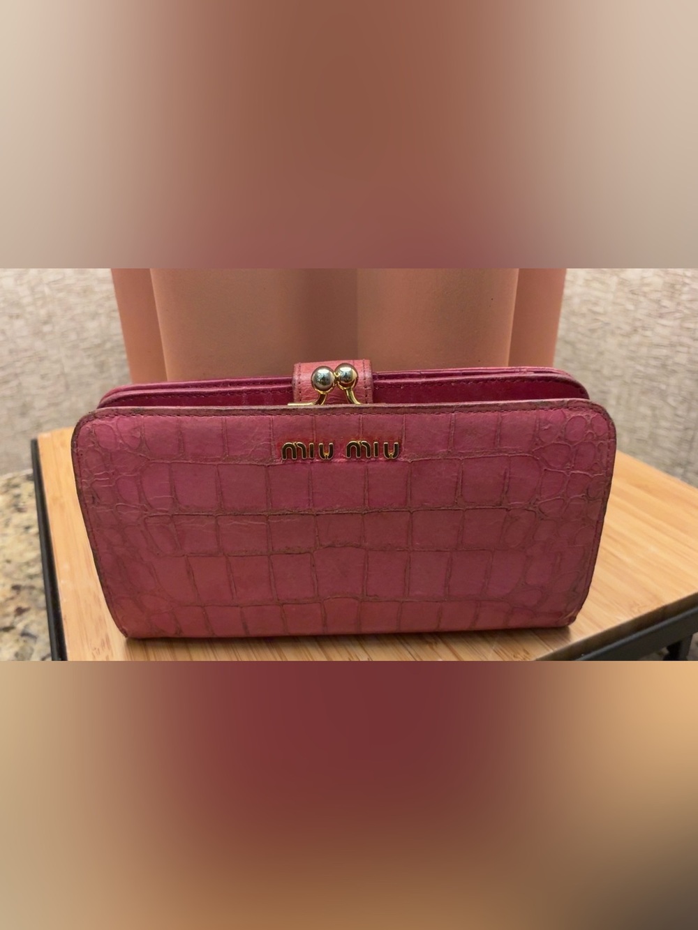 Miu Miu Rose Pink Croc-Embossed Leather Wallet with Gold Hardware